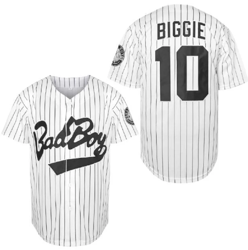 Stylish Baseball Jersey for Baseball Fans-BadBoy #10 Biggie Smalls Unisex Hipster Hip Hop Button-Down Baseball Jersey White with Black Stripe