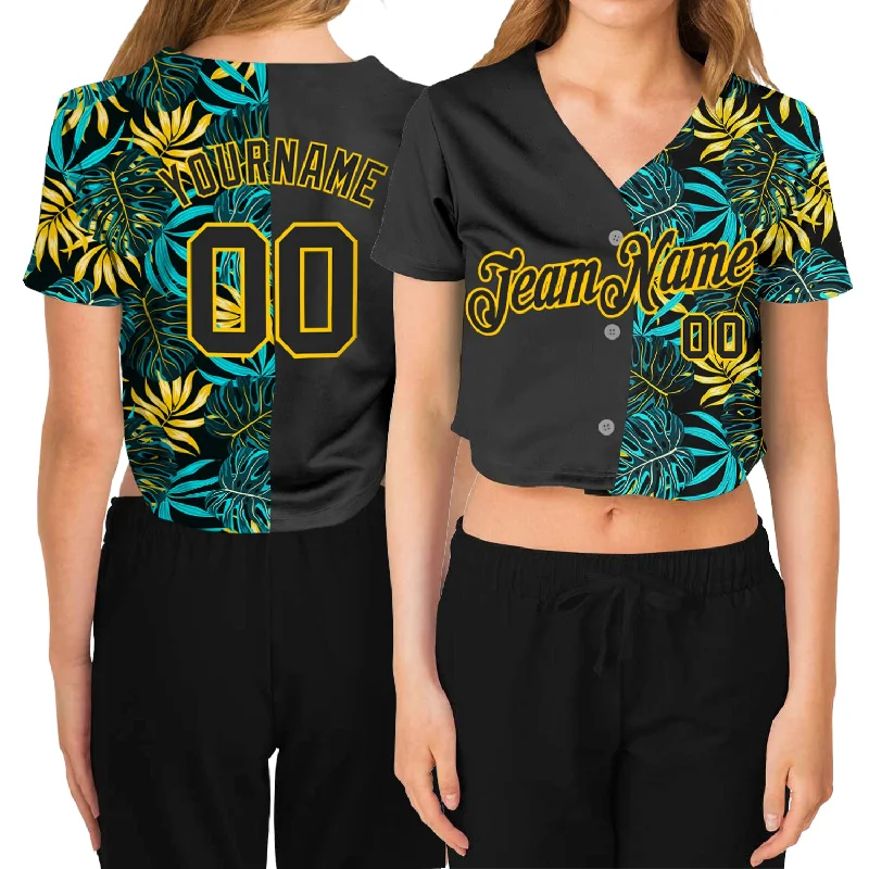 Casual Baseball Jersey for Relaxed Weekend Looks-Custom Women's Black Black-Gold Tropical Palm Leaves 3D V-Neck Cropped Baseball Jersey