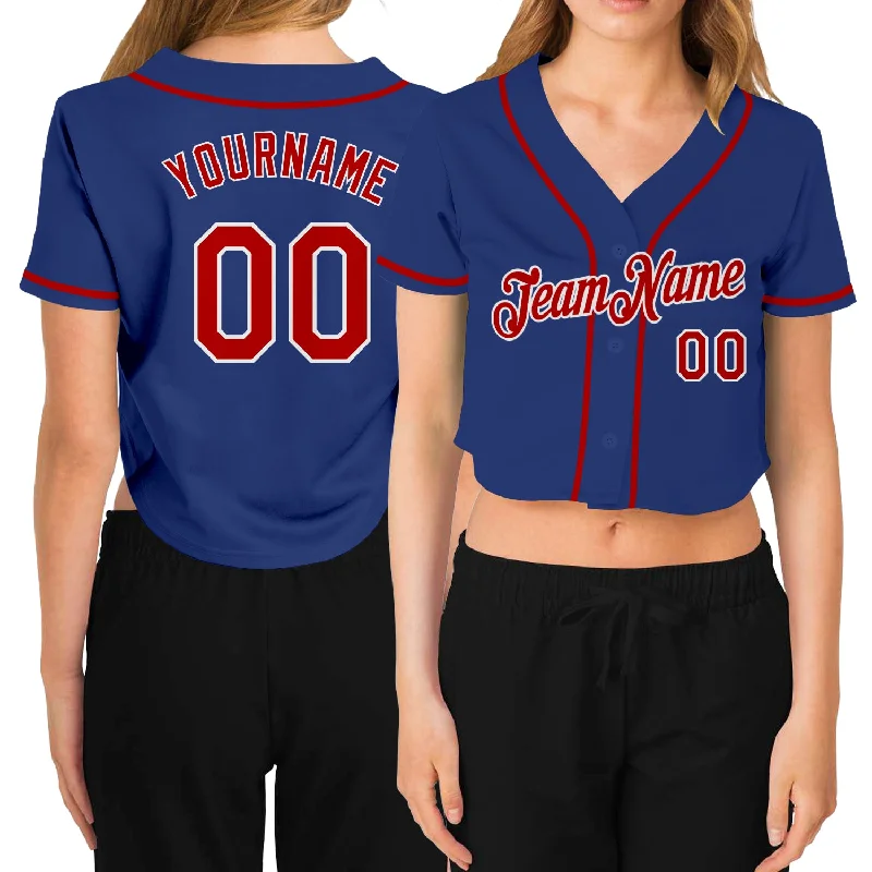 Trendy Baseball Jersey for Casual Wear-Custom Women's Royal Red-White V-Neck Cropped Baseball Jersey