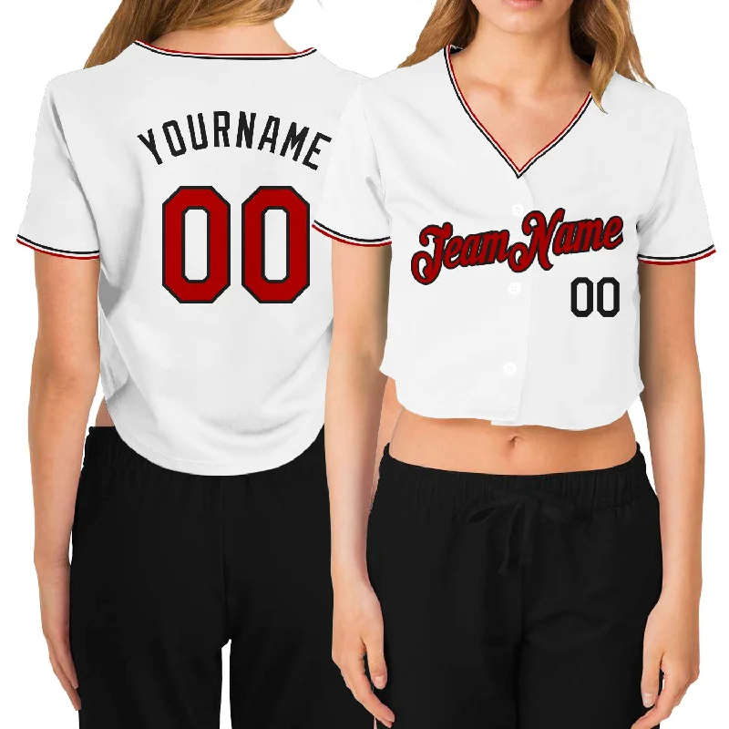 Long Sleeve Baseball Jersey for Cooler Weather-Custom Women's White Red-Black V-Neck Cropped Baseball Jersey