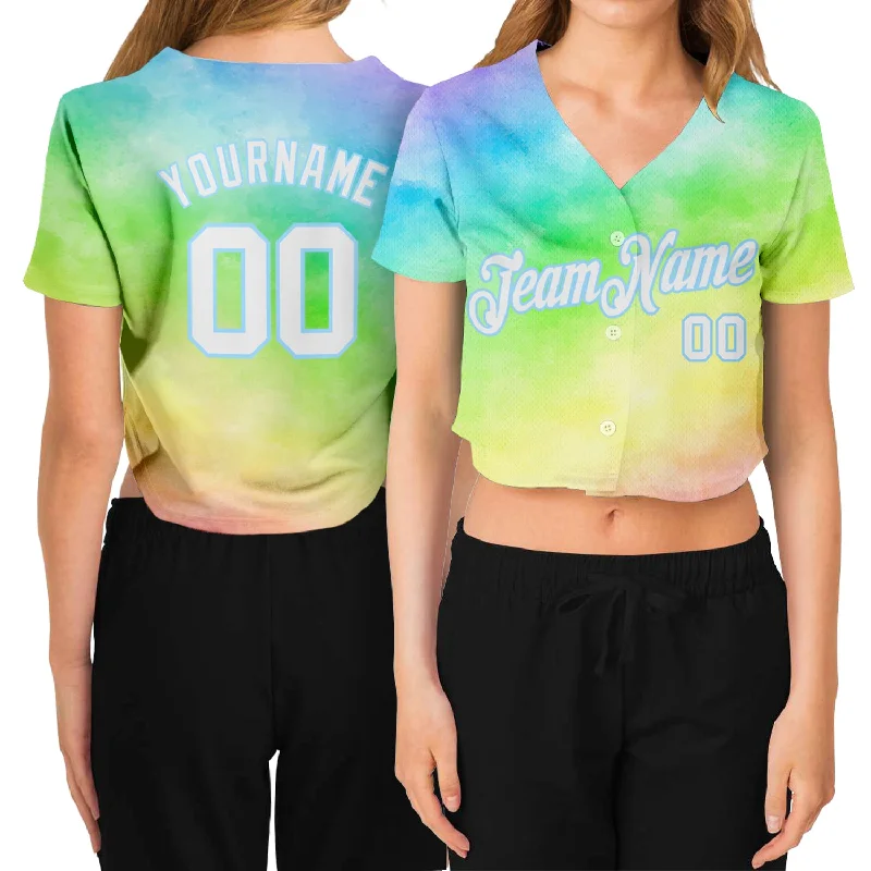 Performance Baseball Jersey for Athletes-Custom Women's Tie Dye White-Light Blue Rainbow 3D V-Neck Cropped Baseball Jersey