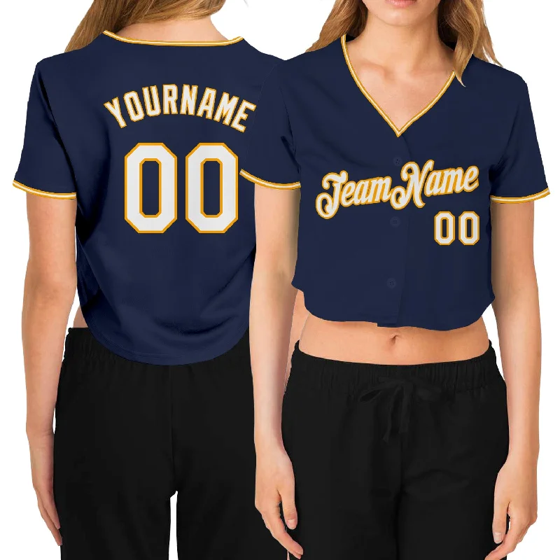 Vintage-Inspired Baseball Jersey for Retro Fans-Custom Women's Navy White-Gold V-Neck Cropped Baseball Jersey