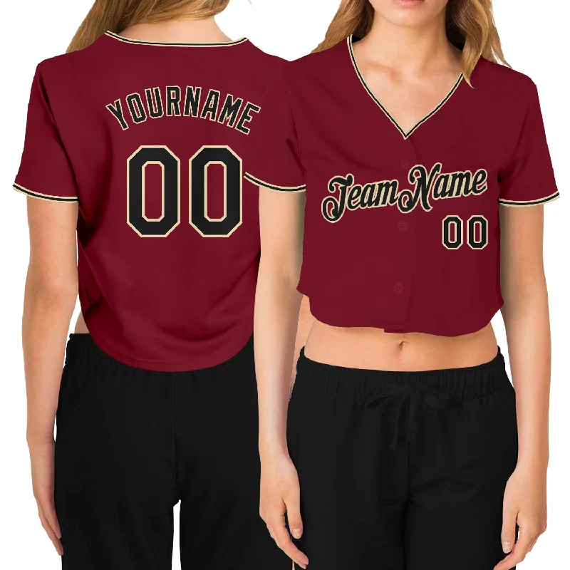 Customizable Baseball Jersey for Coaches-Custom Women's Crimson Black-Cream V-Neck Cropped Baseball Jersey