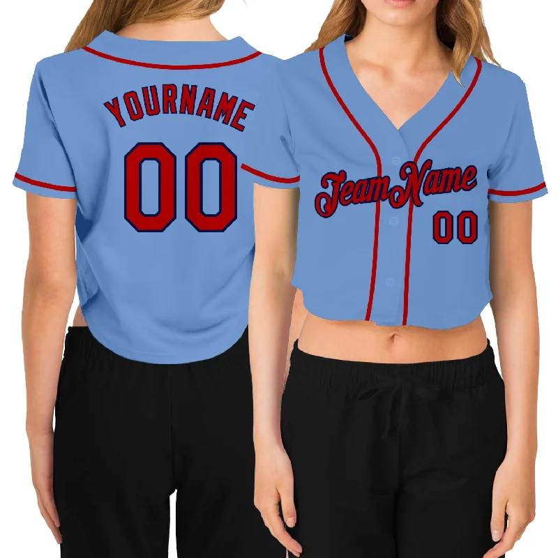 Baseball Jersey with Breathable Mesh Fabric-Custom Women's Light Blue Red-Navy V-Neck Cropped Baseball Jersey