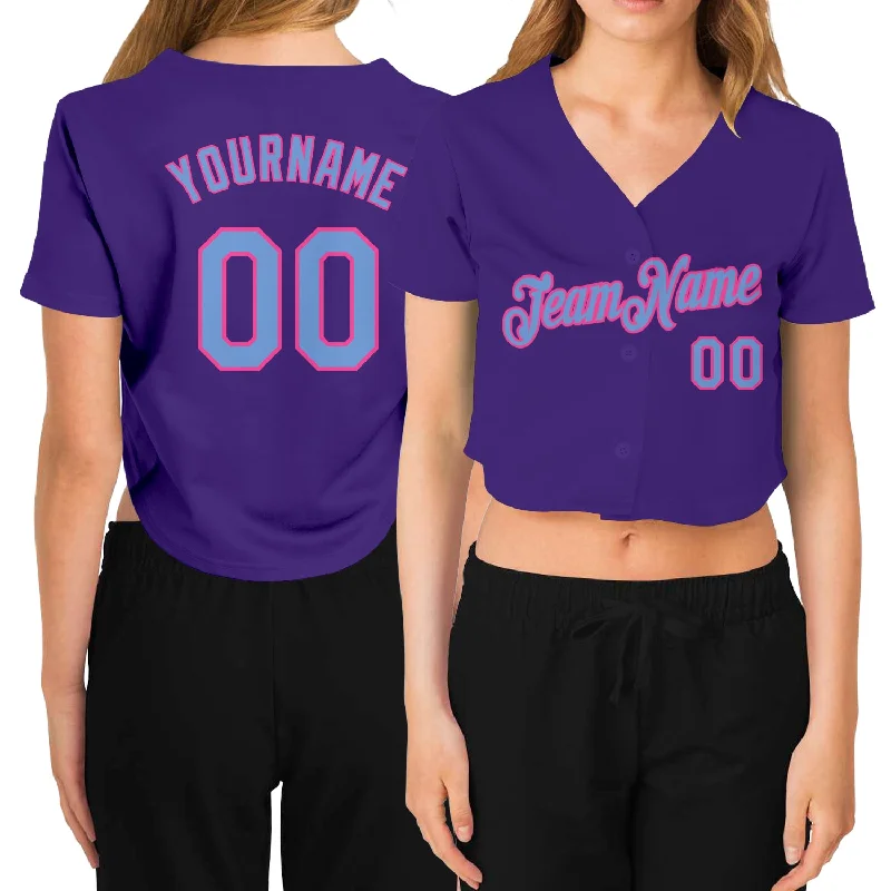 Official Team Baseball Jersey for Supporters-Custom Women's Purple Light Blue-Pink V-Neck Cropped Baseball Jersey