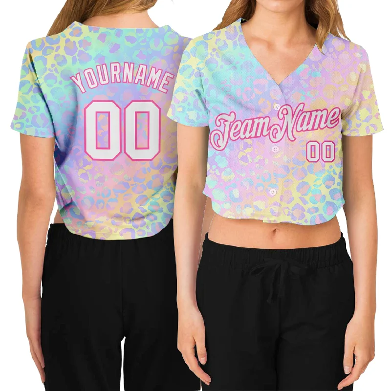 Colorful Baseball Jersey for Fun Outfits-Custom Women's Pink White Leopard 3D V-Neck Cropped Baseball Jersey