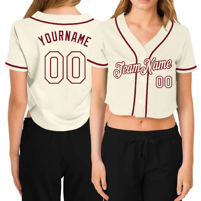 Baseball Jersey for Softball Leagues and Teams-Custom Women's Cream Cream-Crimson V-Neck Cropped Baseball Jersey