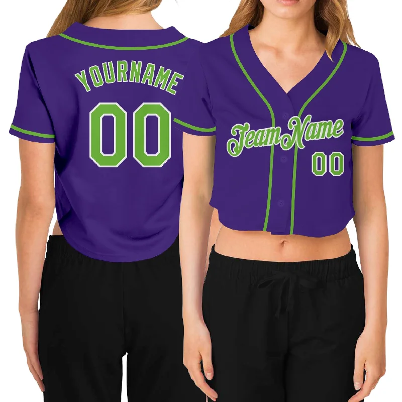 Soft Cotton Blend Baseball Jersey for Comfort-Custom Women's Purple Neon Green-White V-Neck Cropped Baseball Jersey