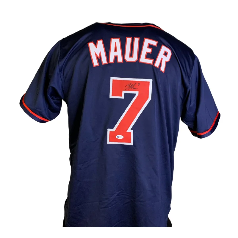 Custom Printed Baseball Jersey for Special Teams-Joe Mauer Signed Custom Navy Blue Baseball Jersey