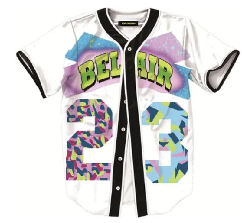 Baseball Jersey with Team Mascot Logo-The Fresh Prince of Bel-air Unisex Hipster Hip Hop Button-Down Baseball Jersey White Color