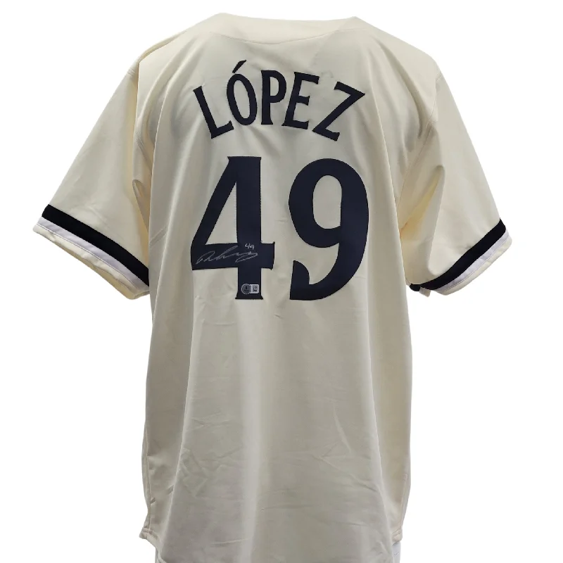 Team Baseball Jersey with Embroidered Patches-Pablo Lopez Signed Custom Cream Baseball Jersey