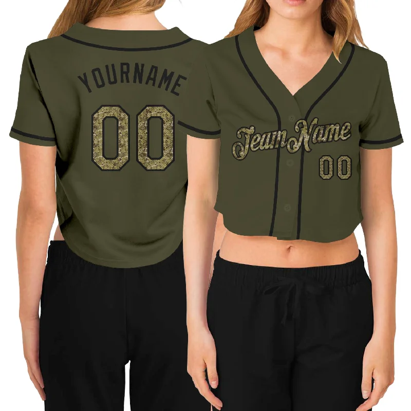 Baseball Jersey with Adjustable Fit for Comfort-Custom Women's Olive Camo-Black Salute To Service V-Neck Cropped Baseball Jersey