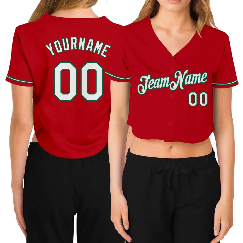 Youth Baseball Jersey with Personalized Design-Custom Women's Red White-Kelly Green V-Neck Cropped Baseball Jersey