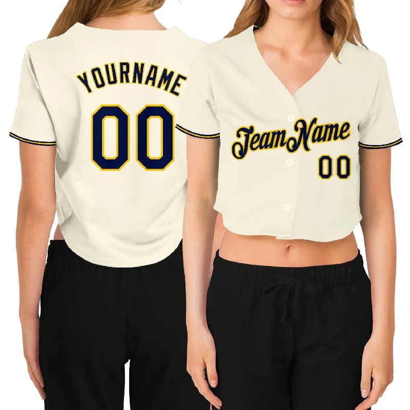 Comfortable Baseball Jersey for Youth Sports Teams-Custom Women's Cream Navy-Gold V-Neck Cropped Baseball Jersey