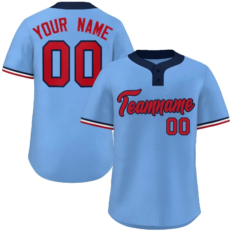 Custom Printed Baseball Jersey for Special Teams-Custom Light Blue Red-Navy Classic Style Authentic Two-Button Baseball Jersey