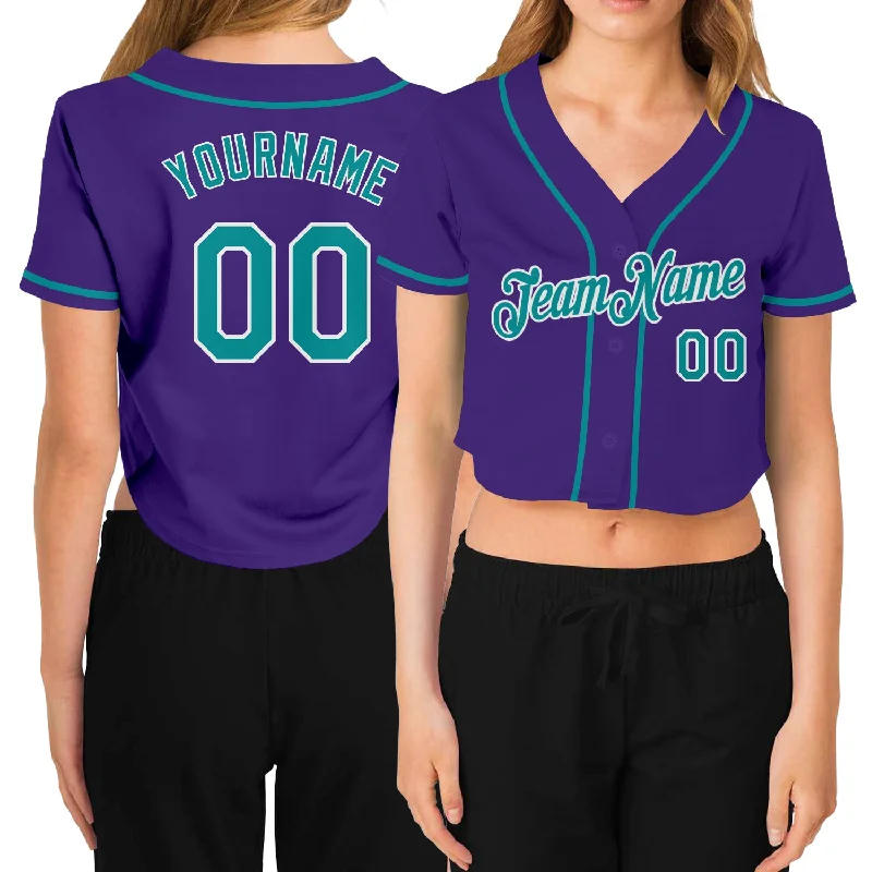 Bold Color Block Baseball Jersey for Modern Style-Custom Women's Purple Aqua-White V-Neck Cropped Baseball Jersey