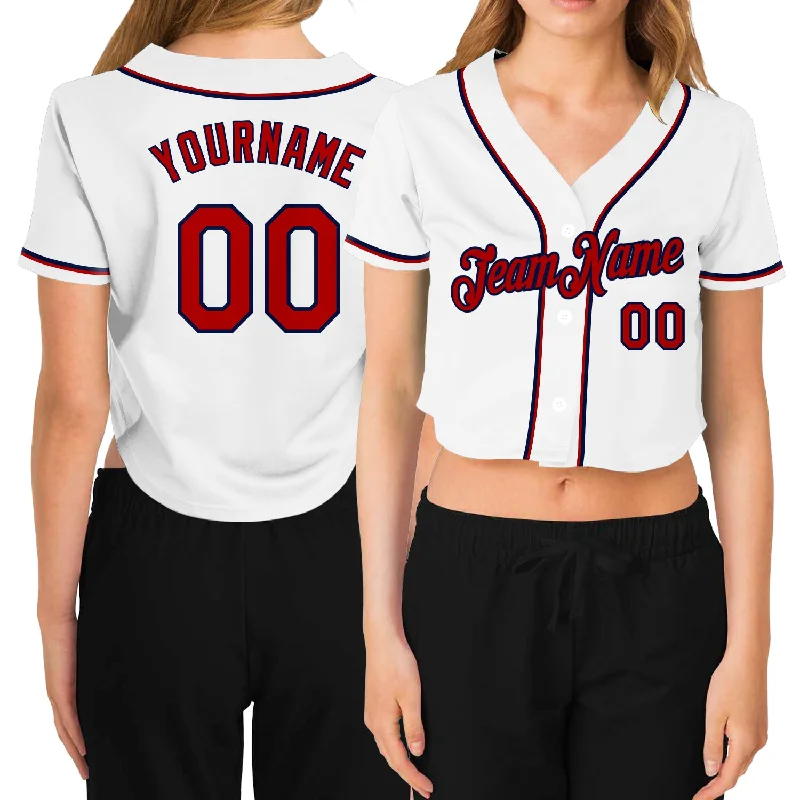 Custom-Made Baseball Jersey for Special Occasions-Custom Women's White Red-Navy V-Neck Cropped Baseball Jersey