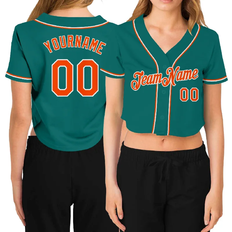 Stylish Baseball Jersey for Streetwear Fashion-Custom Women's Aqua Orange-White V-Neck Cropped Baseball Jersey