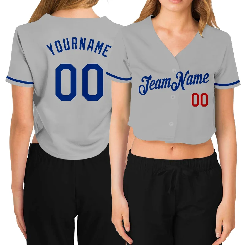 Baseball Jersey with Personalized Name and Number-Custom Women's Gray Royal-Red V-Neck Cropped Baseball Jersey