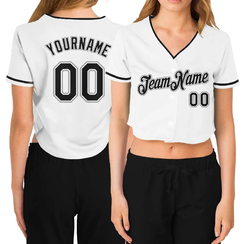 Baseball Jersey for Family Events and Gatherings-Custom Women's White Black-Gray V-Neck Cropped Baseball Jersey