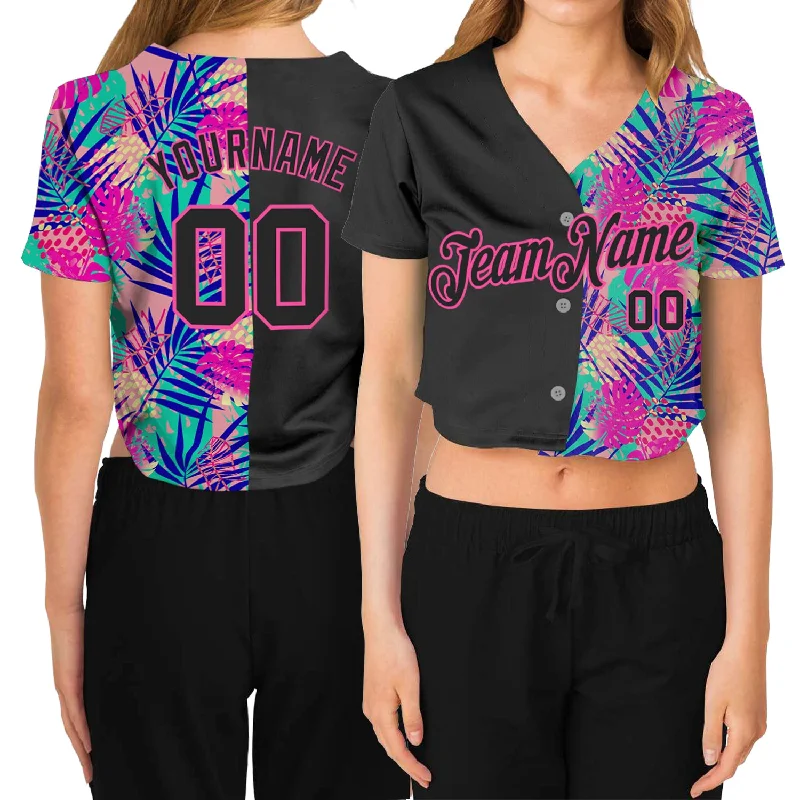 Custom Printed Baseball Jersey for Special Teams-Custom Women's Black Black-Pink Summer 3D V-Neck Cropped Baseball Jersey