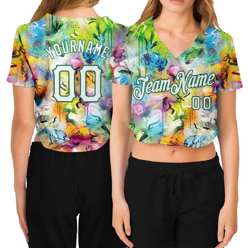 Baseball Jersey with Personalized Name and Number-Custom Women's Graffiti Pattern White-Kelly Green Scratch 3D V-Neck Cropped Baseball Jersey