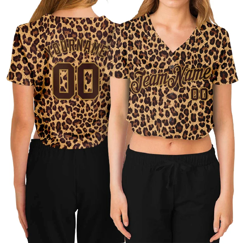 Premium Baseball Jersey for Competitive Play-Custom Women's Brown Brown-Old Gold Leopard 3D V-Neck Cropped Baseball Jersey