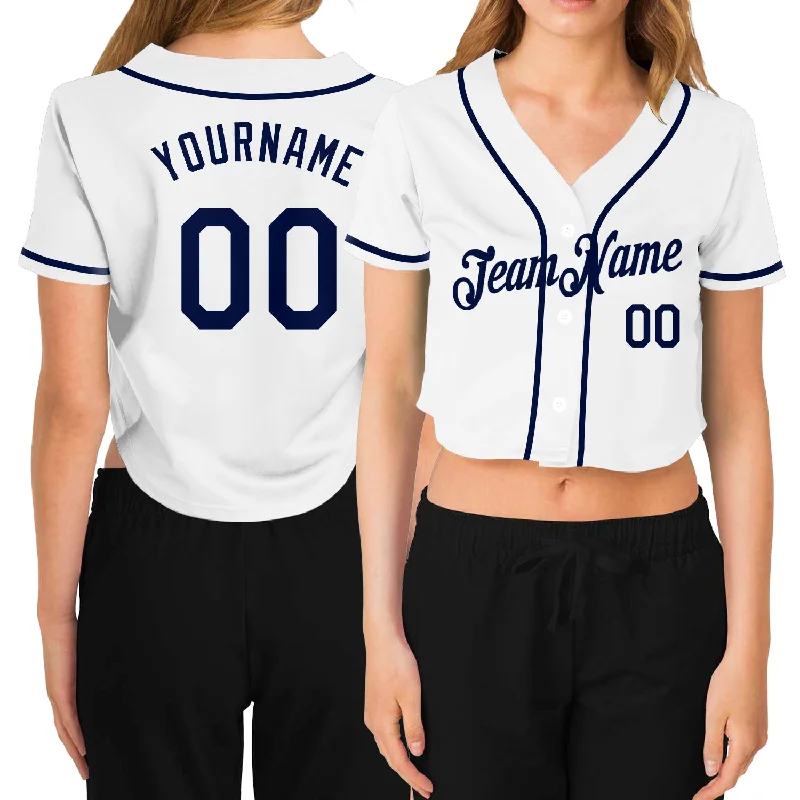 Baseball Jersey with Bold Lettering for Customization-Custom Women's White Navy V-Neck Cropped Baseball Jersey