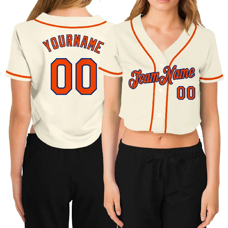 Stylish Baseball Jersey for Baseball Fans-Custom Women's Cream Orange-Royal V-Neck Cropped Baseball Jersey