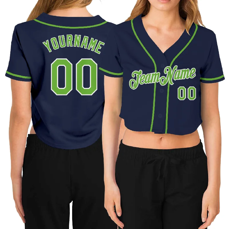 Casual Baseball Jersey for Relaxed Weekend Looks-Custom Women's Navy Neon Green-White V-Neck Cropped Baseball Jersey