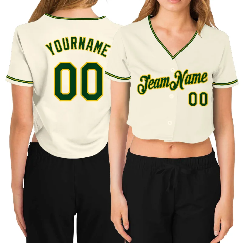 Baseball Jersey with Number and Name on Back-Custom Women's Cream Green-Gold V-Neck Cropped Baseball Jersey