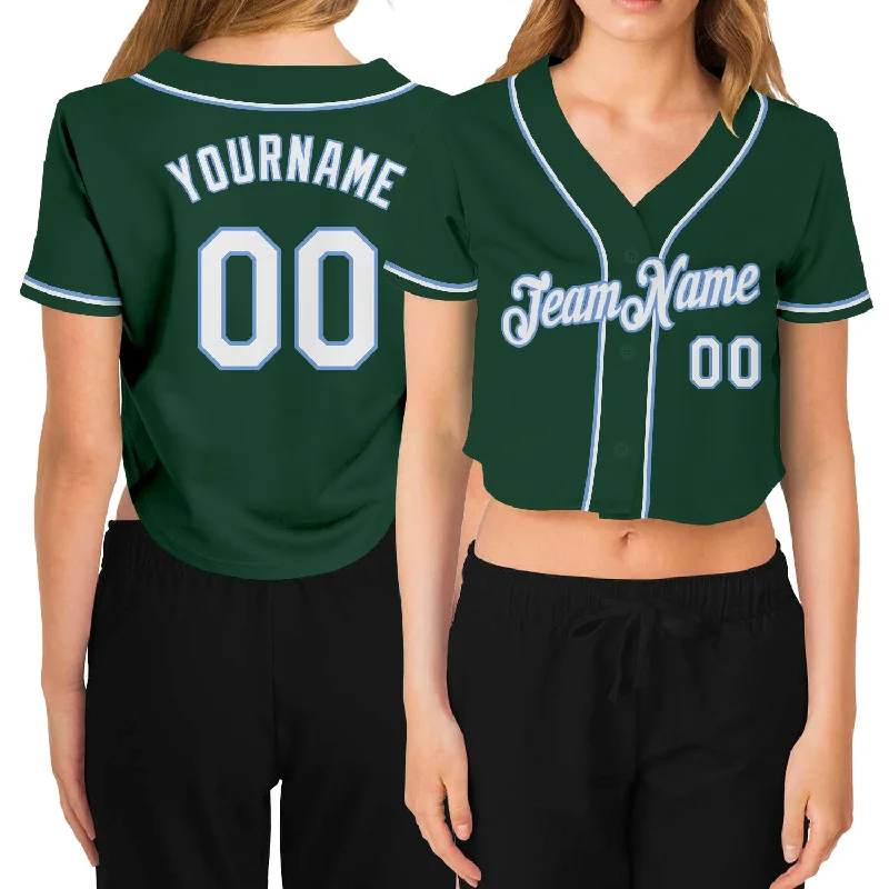 Casual Baseball Jersey for Relaxed Looks-Custom Women's Green White-Light Blue V-Neck Cropped Baseball Jersey