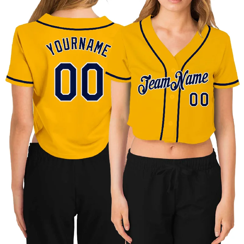 White Baseball Jersey for Classic Appeal-Custom Women's Gold Navy-White V-Neck Cropped Baseball Jersey