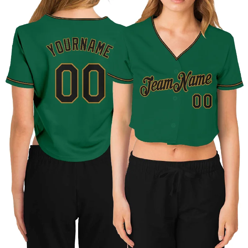 Premium Baseball Jersey for Sports Enthusiasts-Custom Women's Kelly Green Black-Old Gold V-Neck Cropped Baseball Jersey