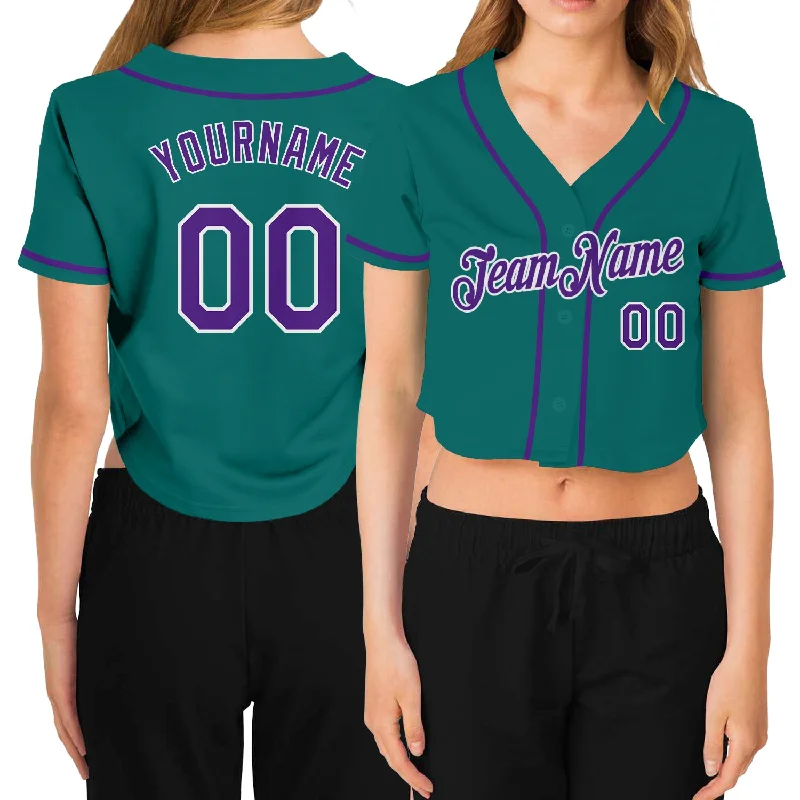 Comfortable Baseball Jersey for Practice Sessions-Custom Women's Aqua Purple-White V-Neck Cropped Baseball Jersey