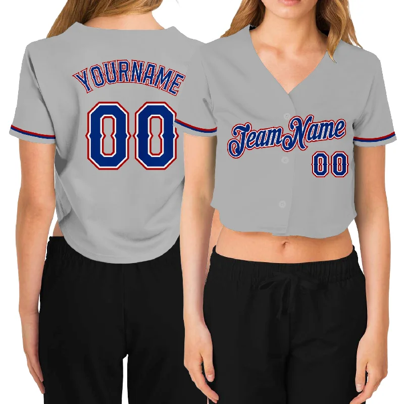 Soft Cotton Baseball Jersey for Comfort-Custom Women's Gray Royal White-Red V-Neck Cropped Baseball Jersey