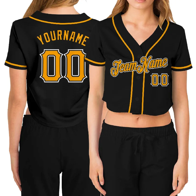 Comfortable Jersey for League Baseball Play-Custom Women's Black Gold-White V-Neck Cropped Baseball Jersey