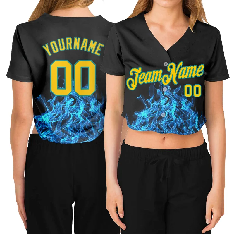 Soft Polyester Baseball Jersey for Maximum Comfort-Custom Women's Black Gold-Aqua Flame 3D V-Neck Cropped Baseball Jersey