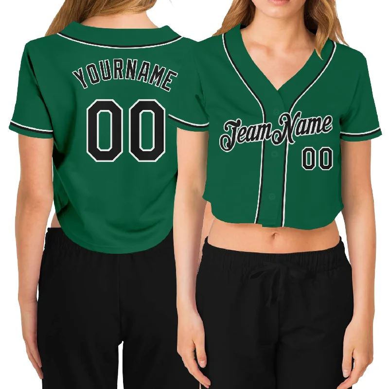 Long Sleeve Baseball Jersey for Cooler Weather-Custom Women's Kelly Green Black-White V-Neck Cropped Baseball Jersey