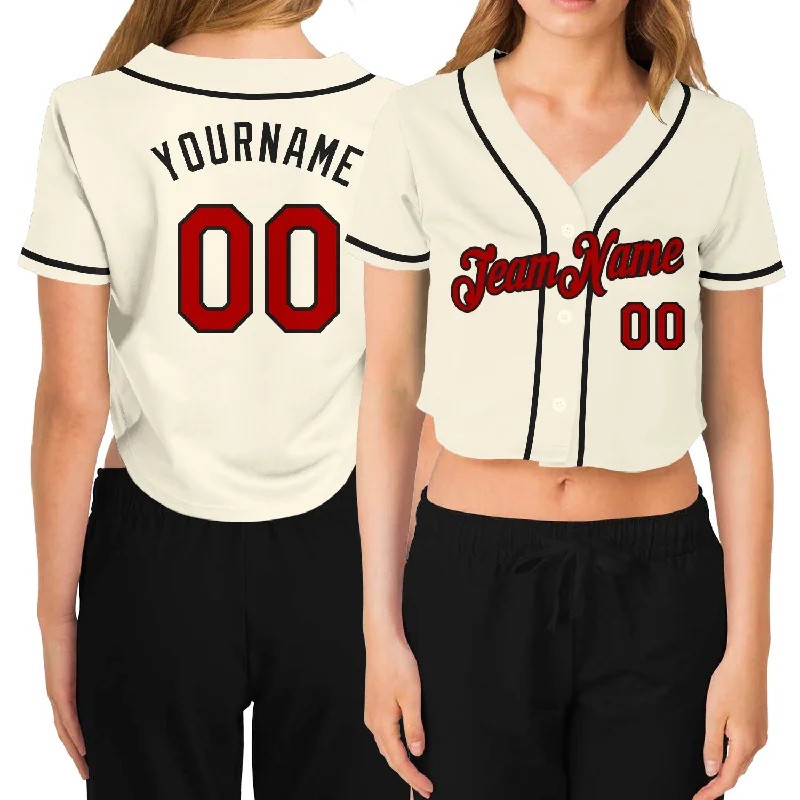 Classic Striped Baseball Jersey for Throwback Vibes-Custom Women's Cream Red-Black V-Neck Cropped Baseball Jersey