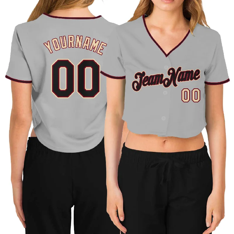 Premium Baseball Jersey for Competitive Play-Custom Women's Gray Black Crimson-Cream V-Neck Cropped Baseball Jersey