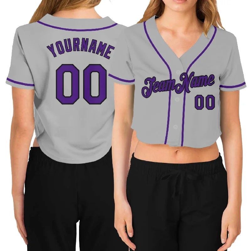 High-Quality Baseball Jersey for All Seasons-Custom Women's Gray Purple-Black V-Neck Cropped Baseball Jersey