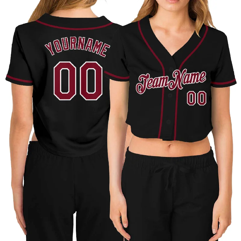 Baseball Jersey with Custom Logo for Teams-Custom Women's Black Crimson-White V-Neck Cropped Baseball Jersey