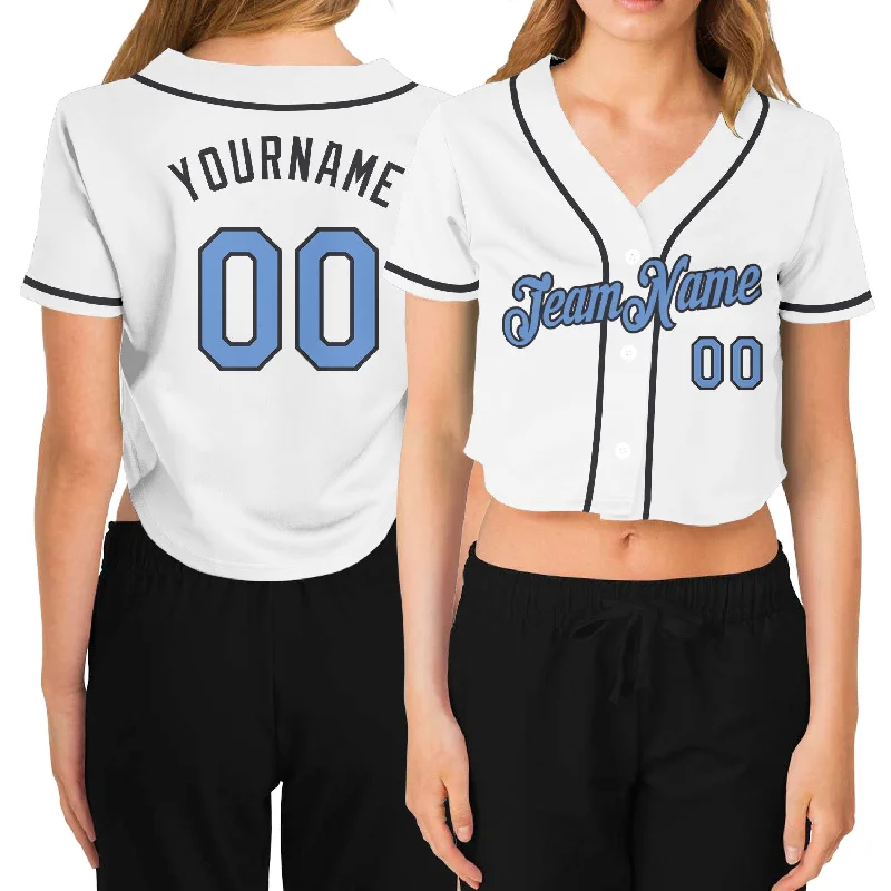 Sleeveless Baseball Jersey for Hot Days-Custom Women's White Light Blue-Steel Gray V-Neck Cropped Baseball Jersey