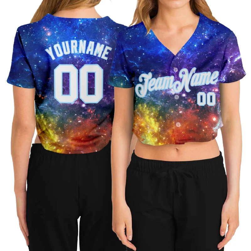 Vintage-Inspired Baseball Jersey for Retro Fans-Custom Women's Galactic White-Light Blue 3D V-Neck Cropped Baseball Jersey