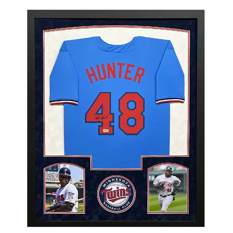 Trendy Baseball Jersey for Casual Wear-Torii Hunter Signed Minnesota Blue Custom Suede Matte Framed Baseball Jersey (Beckett)