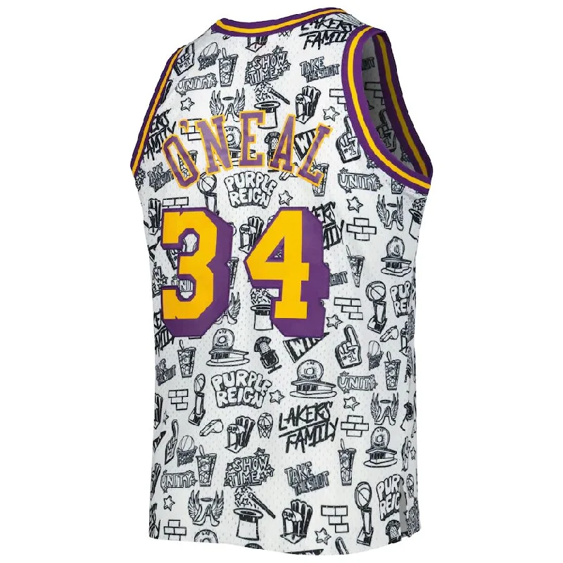 Comfortable Basketball Jersey for All-Day Wear-LA.Lakers #34 Shaquille O'Neal Mitchell & Ness 1996-97 Hardwood Classics Doodle Swingman Jersey White Stitched American Basketball Jersey