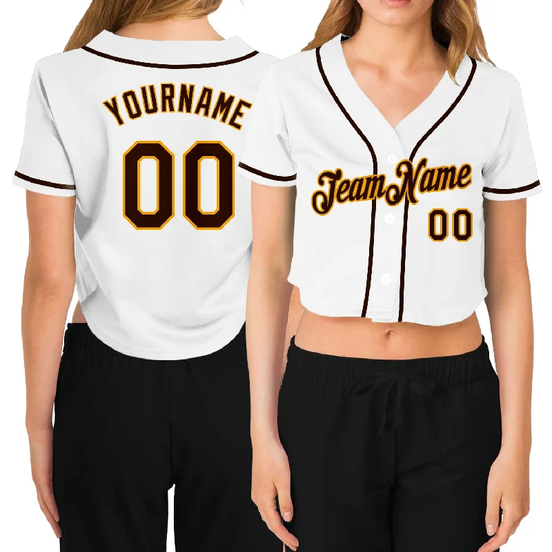 Baseball Jersey for Softball Leagues and Teams-Custom Women's White Brown-Gold V-Neck Cropped Baseball Jersey