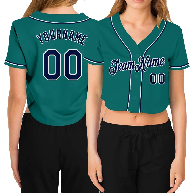 Personalized Name Baseball Jersey for Fans-Custom Women's Aqua Navy-White V-Neck Cropped Baseball Jersey