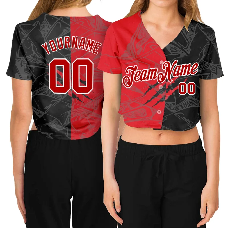 Stylish Mesh Baseball Jersey for Easy Movement-Custom Women's Graffiti Pattern Red-White Scratch 3D V-Neck Cropped Baseball Jersey